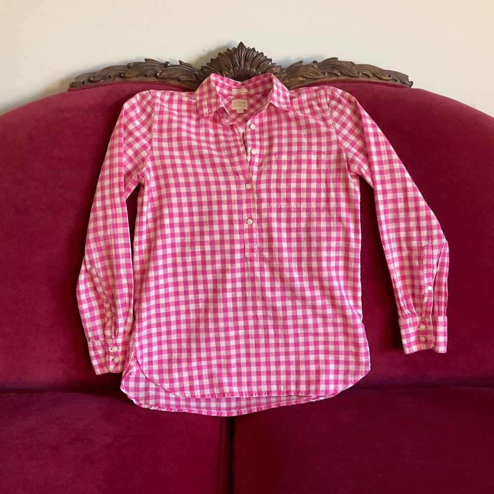 J Crew Gingham 3/4 button down blouse